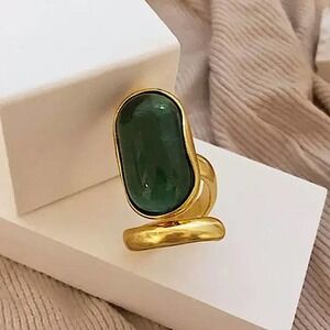 NEW 18K GOLD PLATED VINTAGE EMERALD GREEN ADJUSTABLE RESIZABLE RING